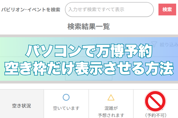 「パソコンで万博予約　空き枠だけ表示させる方法」と大きな文字で書かれた画像。背景には「パビリオン・イベントを検索」と書かれた検索バーや、「検索結果一覧」という見出し、空き状況を示すアイコン（「空いています」「混雑が予想されます」「予約不可」）が並んでいる