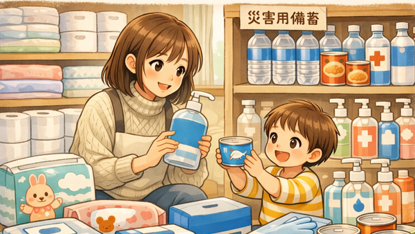 親子で備蓄している様子