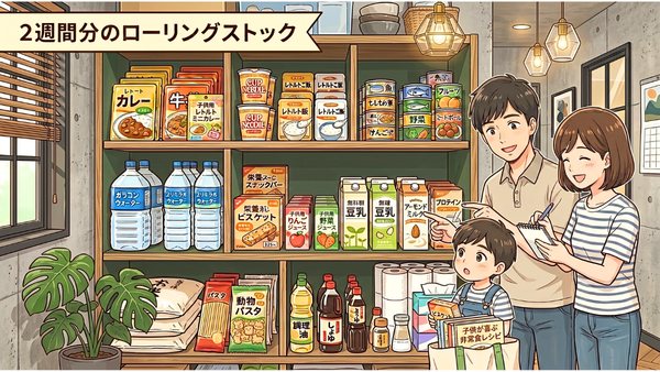 2週間分のローリングストックをしている若い家族