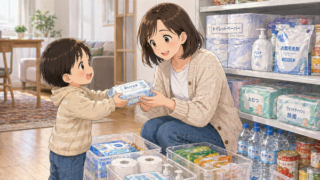 日用品をローリングストックしている親子