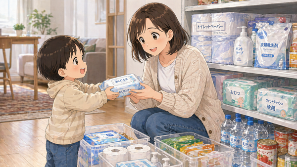 日用品をローリングストックしている親子