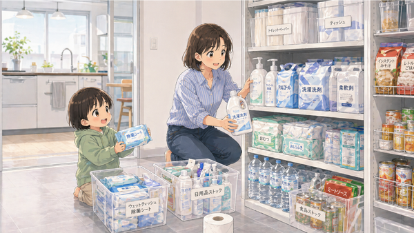 日用品をローリングストックしている親子