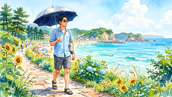 男性が日傘をさしている