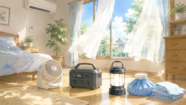エアコンが止まった真夏の寝室のサーキュレーターとポータブル電源