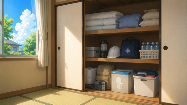 押し入れに非常用トイレの箱とほかの防災用品がきちんと収まっているイラスト。家族の備えとして静かに置かれている様子