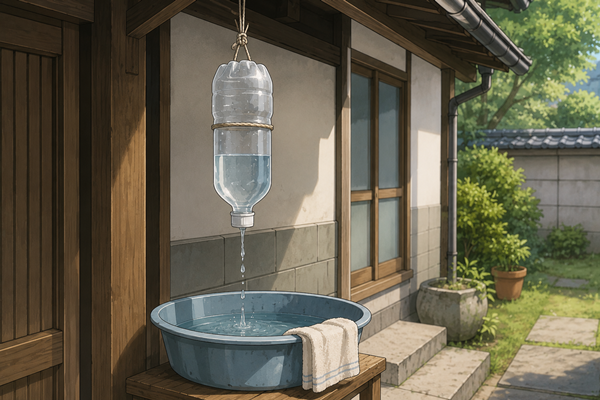 軒先に吊るした逆さペットボトルから細い水がたらいへ