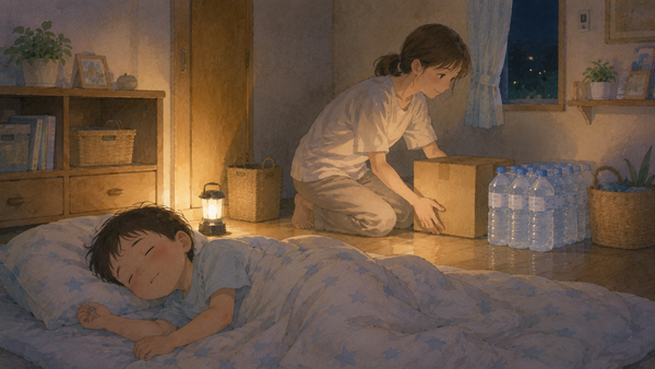 夜のリビングで届いた水のケースを片づける親と眠る子ども