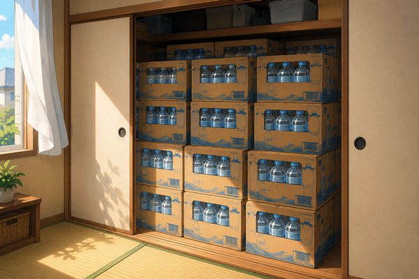 押し入れいっぱいにペットボトルの箱が四段×三列で積み上がっている