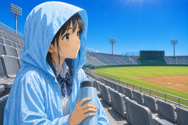 冷感ポンチョを羽織っている女子高生