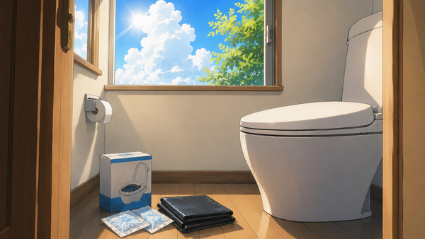 トイレの個室。窓の外に夏の青空と入道雲。床に非常用トイレの箱・凝固剤の小袋・黒い処理袋