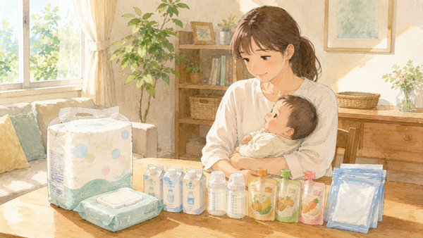 赤ちゃんを抱く母親とテーブルに並んだおむつや液体ミルクの備え