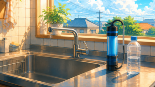 断水した台所。蛇口の先に一滴だけ残り、調理台に携帯浄水器とペットボトル。窓の外は入道雲
