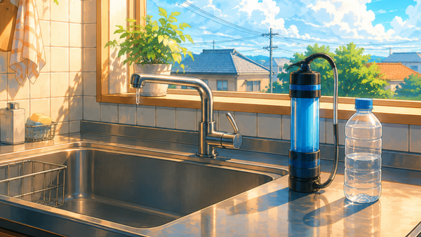 断水した台所。蛇口の先に一滴だけ残り、調理台に携帯浄水器とペットボトル。窓の外は入道雲