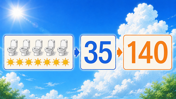 トイレ5個＋太陽7個 → 35 → 140。数字が前より大きく読みやすくなりました