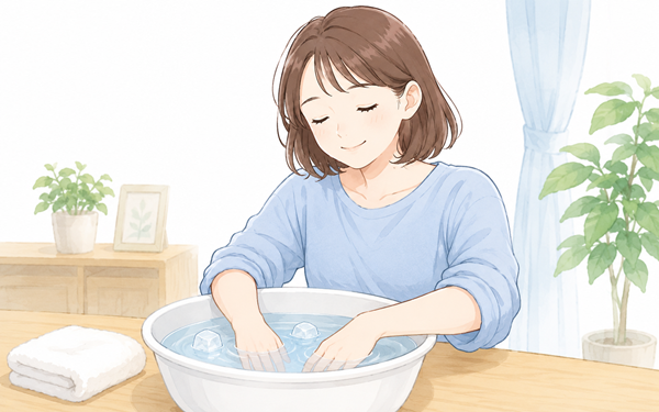洗面器に水を張って手を浸す