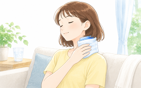 ファでタオル巻き保冷剤を首すじに当てて休む女性