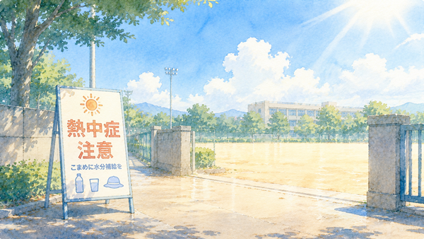 夏の校門わきの「熱中症注意」看板・入道雲・無人の校庭