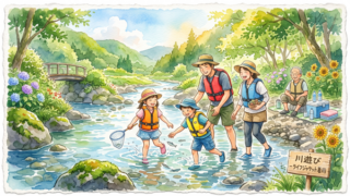 ライフジャケットを来て川遊びする家族