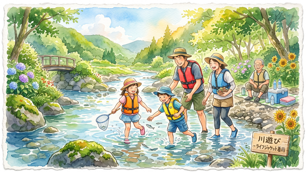 ライフジャケットを来て川遊びする家族