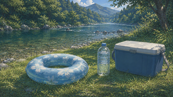 水色に白い花模様の浮き輪／水入りの透明なペットボトル（ラベルなし）／紺に白蓋のクーラーボックス／草地／奥の穏やかな川