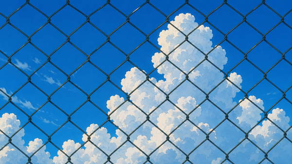 金網越しに見上げた青空と入道雲