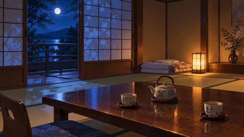 夜の旅館の和室で、座卓には湯のみと急須だけがあり、布団がひと組だけ置かれている挿絵