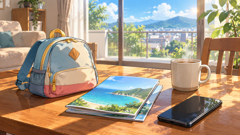 旅行に出かける朝、テーブルに子ども用のリュックとパンフレット、スマホとマグカップが並んでいる挿絵