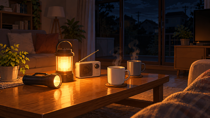 停電した夜のリビングで、テーブルのランタンと懐中電灯が部屋を温かく照らしている挿絵