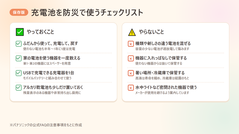 充電池を防災で使うときにやっておくこととやらないことのチェックリスト