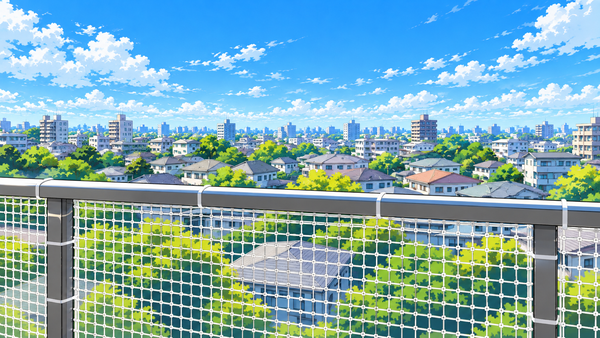 手すりに転落防止ネットを張ったベランダから見る住宅街