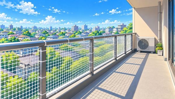 室外機とプランターを壁ぎわへ寄せて手すりの前を片づけたベランダ