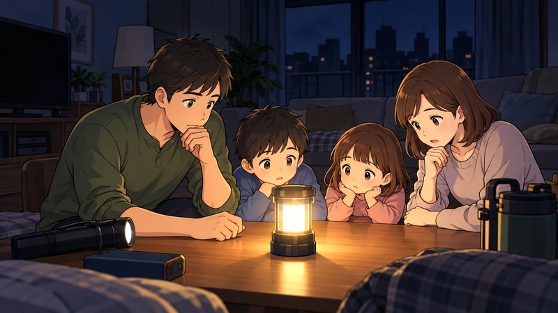 夜のリビングで電気が消え、家族4人がテーブルを囲んでランタンの明かりを見つめている