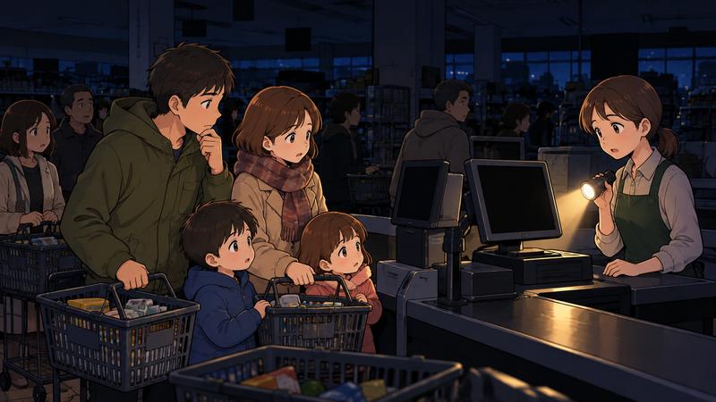 停電で真っ暗になったスーパーのレジの前で、買い物かごを持った人たちが立ち止まっている