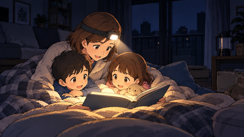 冬の夜、停電した部屋で毛布にくるまった親子が、ヘッドライトの明かりで絵本を読んでいる
