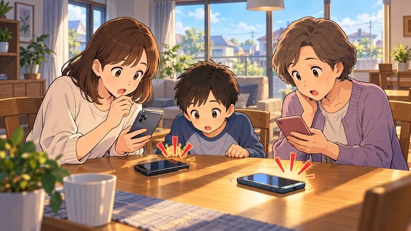 昼のダイニングで、母親と男の子と祖母のスマホが一斉に鳴り出し、驚いて画面をのぞきこんでいる
