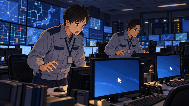 夜の電力の制御室で、作業服の運転員2人が、画面の矢印が勝手に動くのを呆然と見つめているイメージ