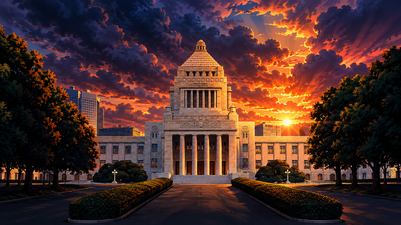 夕暮れの重たい雲の下、夕日に照らされる国会議事堂