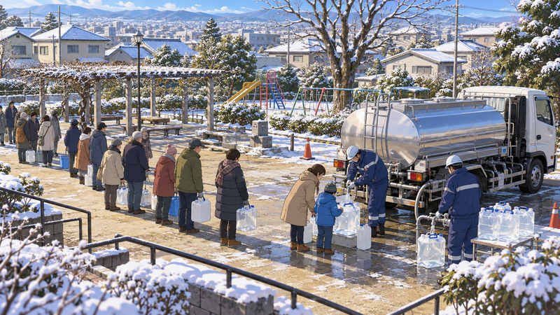 雪の残る冬の朝、公園に来た給水車の前に住民が列をつくり、母親と子どもが折りたたみタンクに水を入れてもらっている
