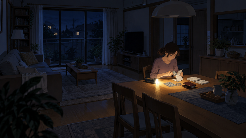 停電した夜のリビングで、懐中電灯の明かりを頼りに千円札と小銭を封筒へ分けて入れる母親
