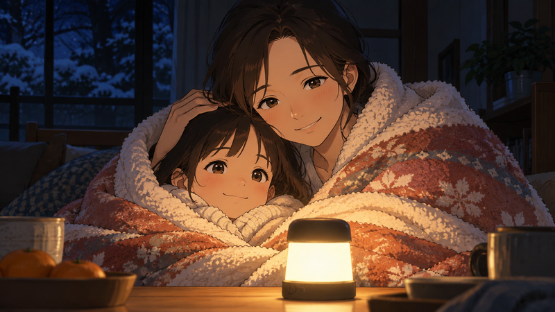 冬の夜、停電した部屋で母親と子どもが厚手の毛布に一緒にくるまり、LEDランタンの明かりにほっとした表情を見せている