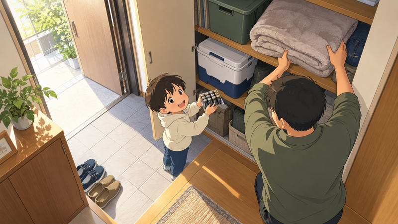 晴れた朝、マンションの玄関横の収納に父親が畳んだ毛布をしまい、子どもが乾電池のパックを手に笑っている