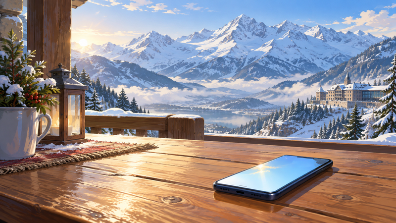 雪をかぶったスイスの山並みと山あいの会議場を背に、木のテーブルの上で画面が光るスマホ
