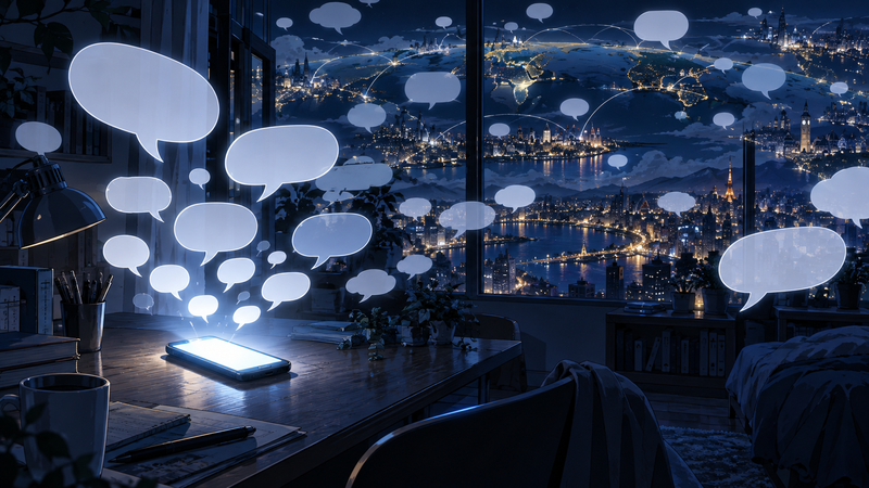 夜の部屋の机で光るスマホから、空っぽの吹き出しがいくつも浮かび、窓の外の世界の夜景へ広がっていく