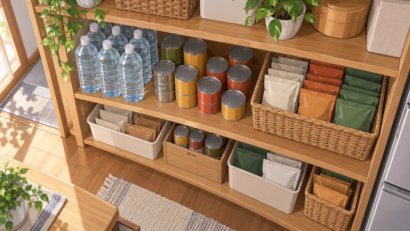常温の食品と水を棚にまとめ、家庭で取り出せる備蓄を確認するイメージ