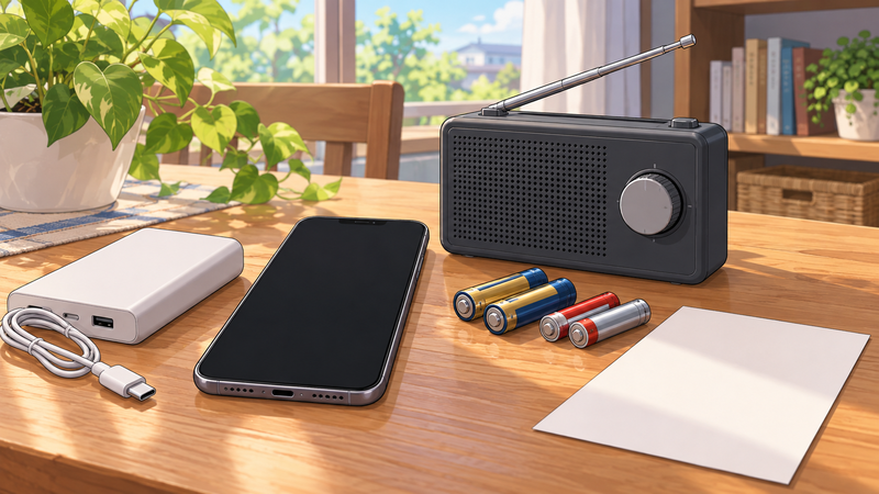 スマホの充電と電池式ラジオ、紙の連絡先を一緒に確かめるイメージ