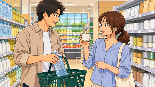 スーパーの売り場で、夫が買い物かごに2リットルの水を入れ、妻が缶詰を手に取って笑顔で話しかけている様子