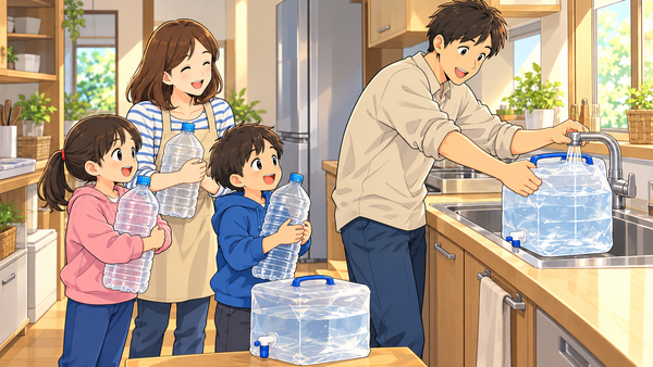 キッチンの流しで、お父さんが蛇口つきの折りたたみタンクに水道の水をため、お母さんと子どもたちが空のペットボトルを抱えて順番を待っている様子