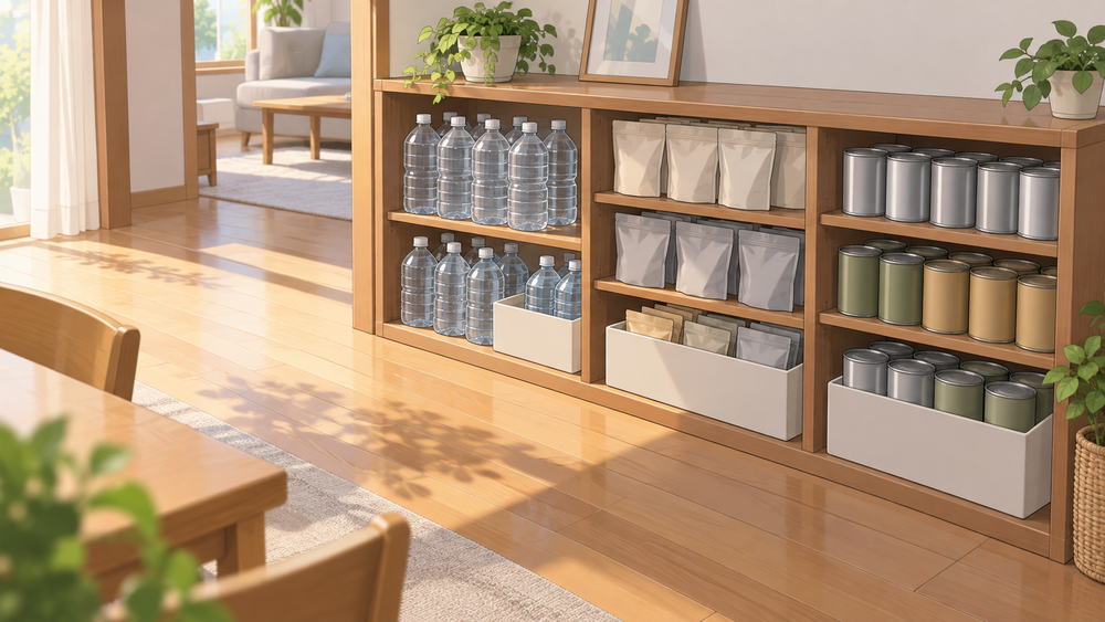 水と食品を低い収納へ分け、取り出せる通路を空けた備蓄の例