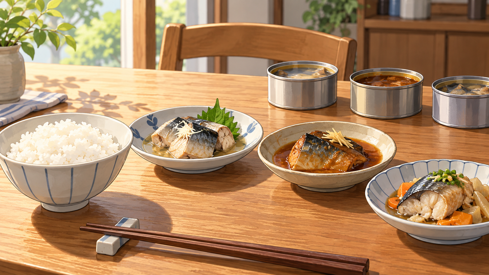 水煮や味付きの魚缶を、ご飯のおかずとして小鉢へ盛り付けた食事例