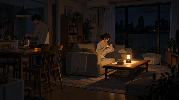 停電した夜のリビングで、ランタンの明かりの下、母親がソファで赤ちゃんに哺乳瓶でミルクを飲ませ、父親がダイニングのカセットコンロでやかんのお湯を沸かしている様子